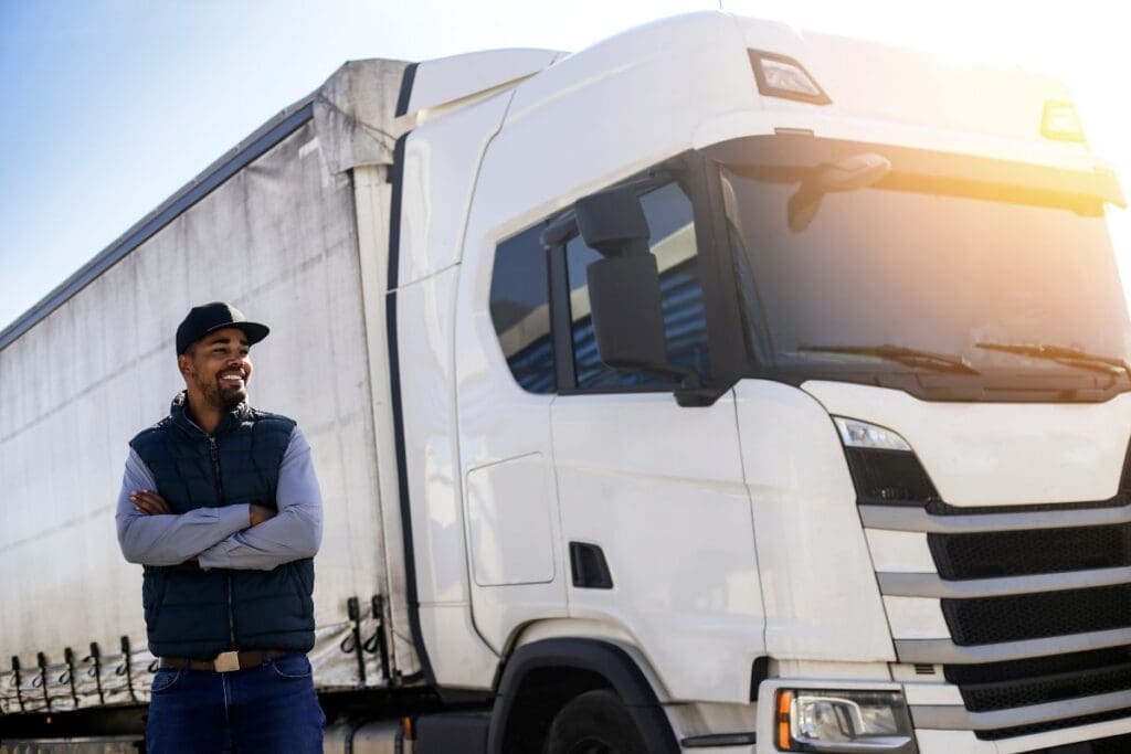 A driving is smiling while standing beside his truck