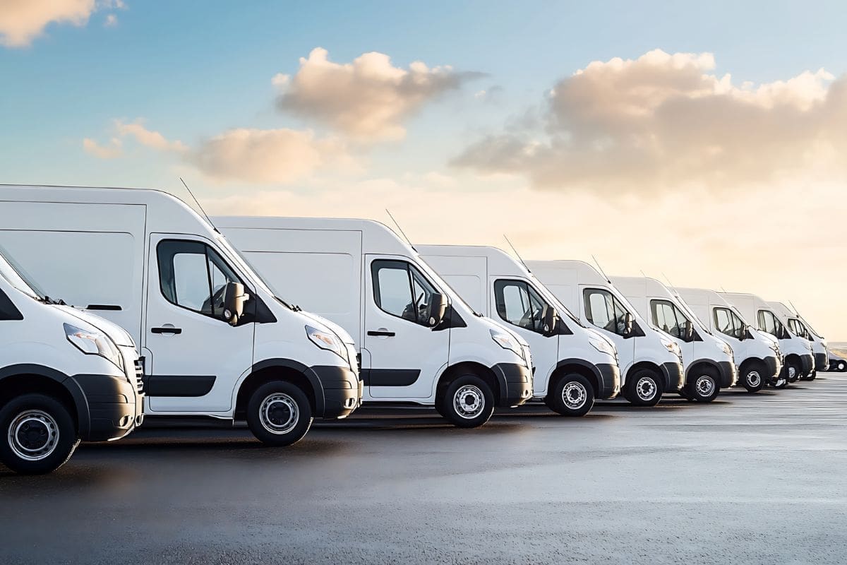 White cargo vans are lined up in the parking area