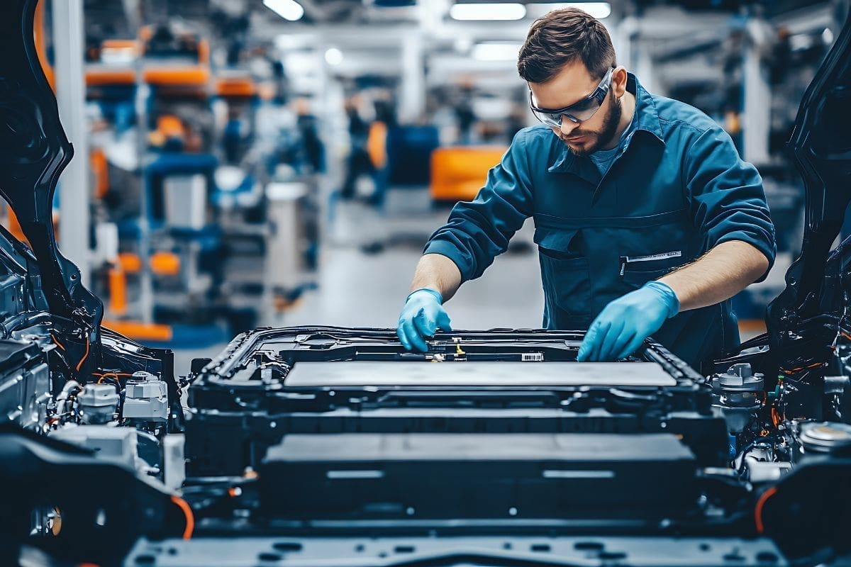Electrical engineer is installing the vehicle's wiring